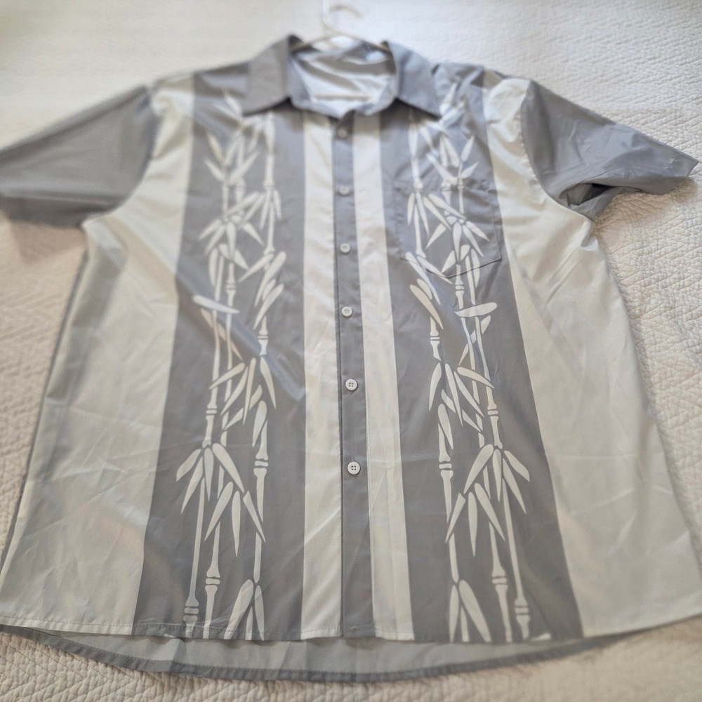 Mens XXL Gray Bamboo Graphic Short Sleeve Button Up Tropical Camp Shirt